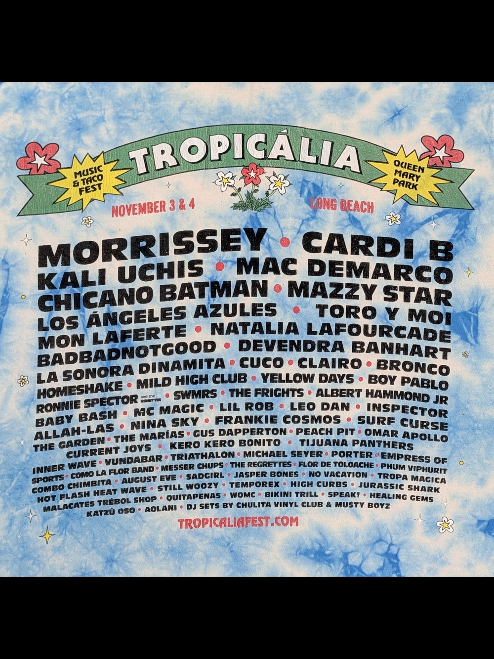 Tropicalia Fest 2018 Blue Tie Dye Band Lineup Graphic Tee L
